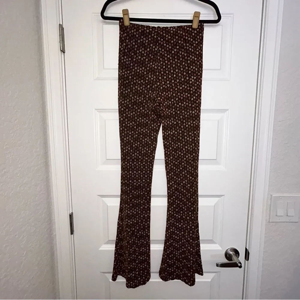 Free People Metallic Floral Embroidered Flare Pull On Pants